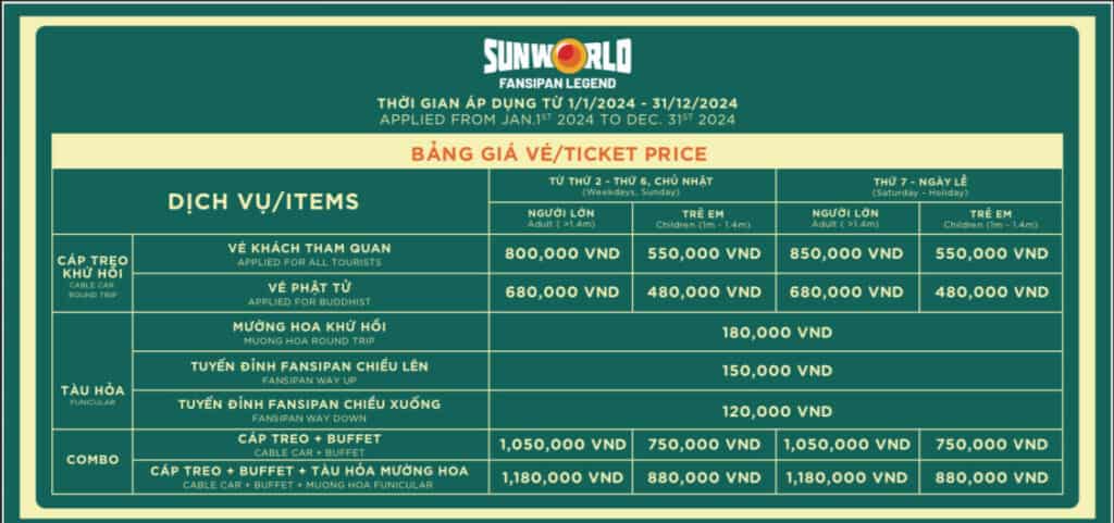 Bảng giá cáp treo Sun World Fansipan Legend mới nhất năm 2024